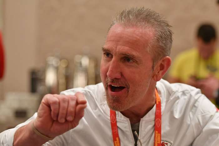 Jan 30, 2020; Miami, Florida, USA; Kansas City Chiefs defensive coordinator Steve Spagnuolo speaks with the media at JW Marriott Turnberry. Mandatory Credit: Jasen Vinlove-USA TODAY Sports